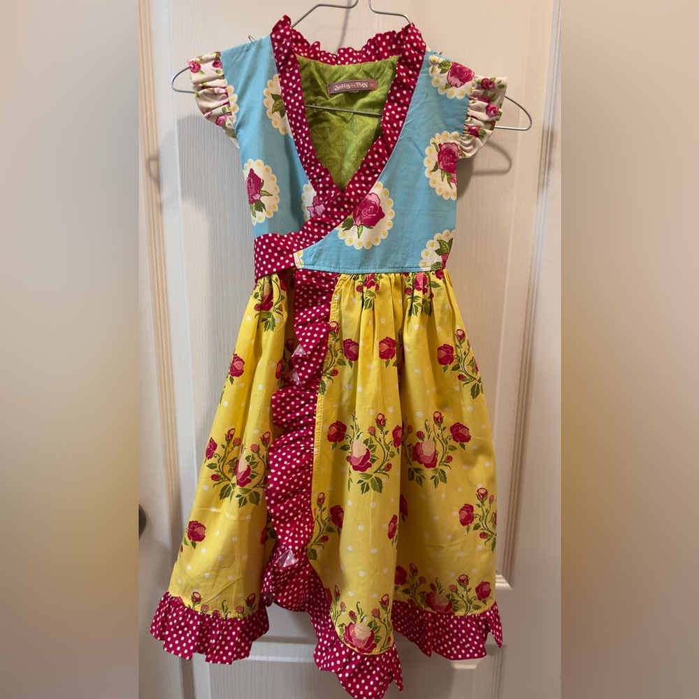 Jelly the Pug Size 6/6x Retro Yellow Floral Wrap Dress w/ Red Polka Dot